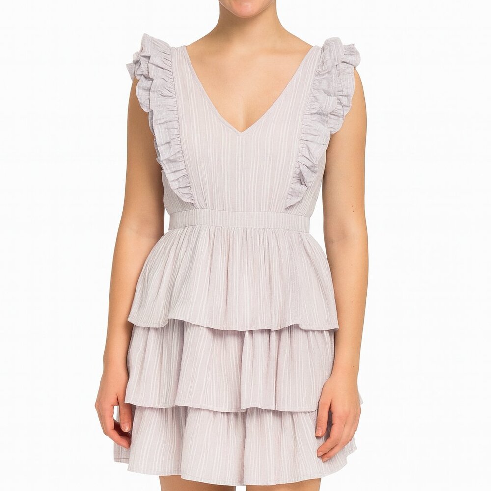 House of Harlow Boho Ruffle Mini Dress M Lavender Pink Striped Tiered Flowy